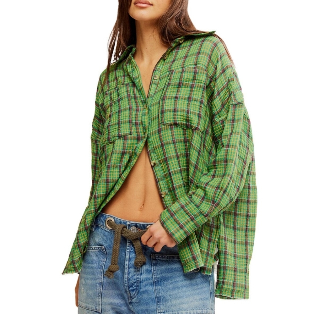 NWOT We The Free Cardiff Plaid Top Green Combo Size M